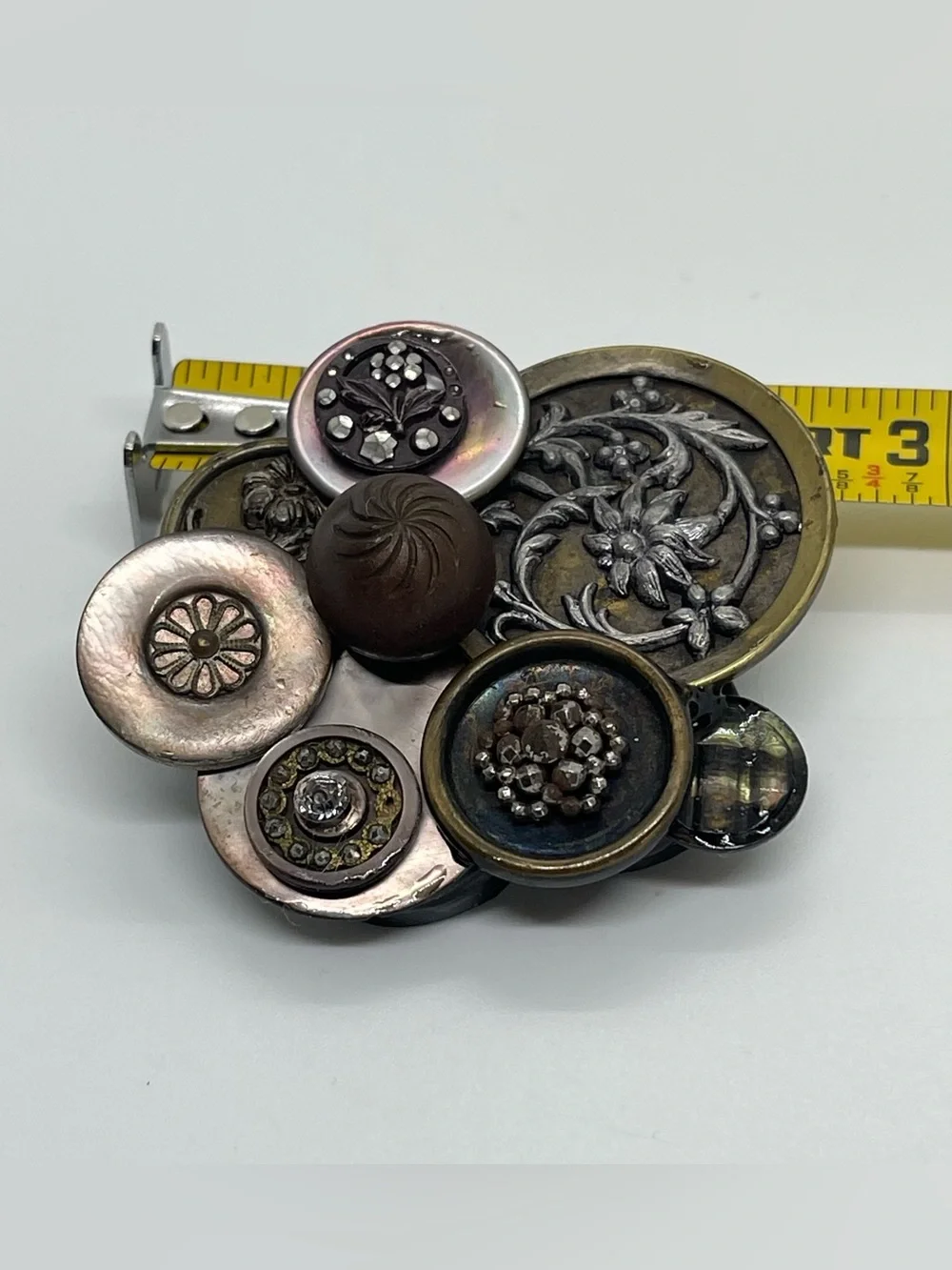 Hand Crafted Antique Buttons Silver Bronze Gold Metal Brooch NWT